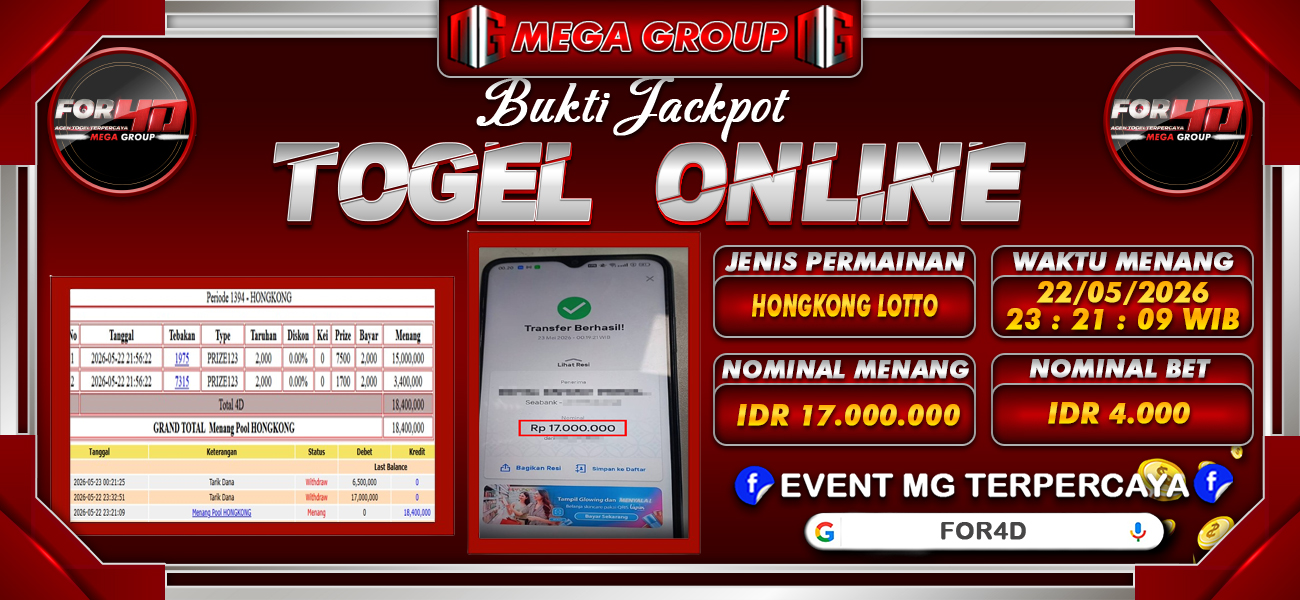 Bukti JP situs For4D hari Sabtu, 23 Mei 2026